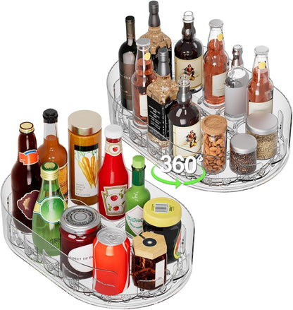 Clear rotating fridge tray loaded with sauce bottles and jars