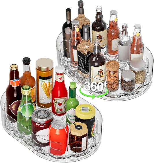 Clear rotating fridge tray loaded with sauce bottles and jars