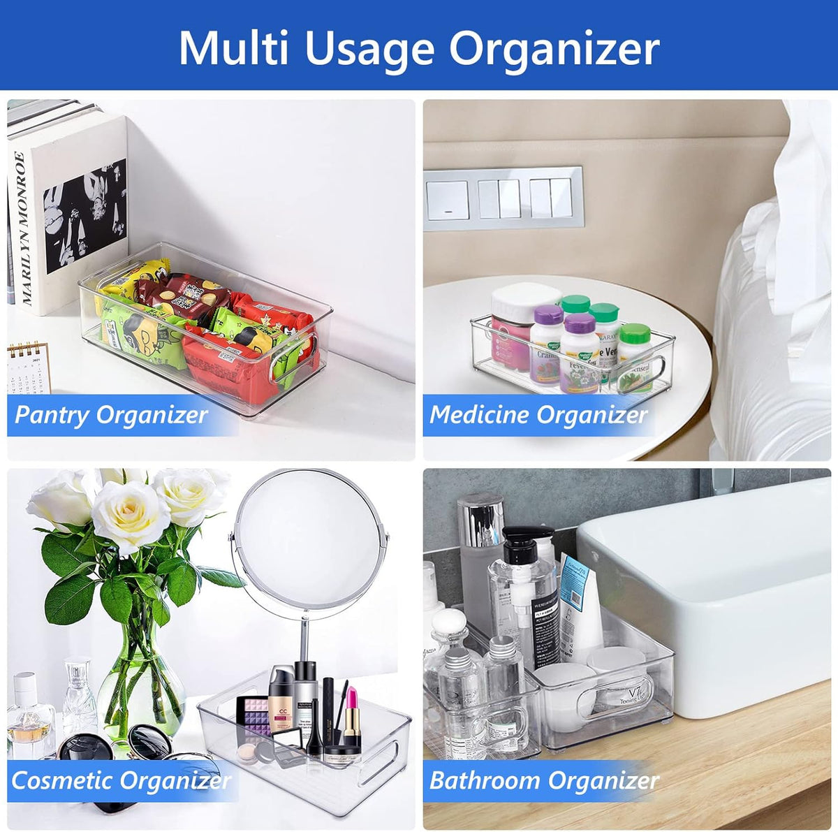 The same boxes used in a pantry, bathroom, dressing table and for medicines