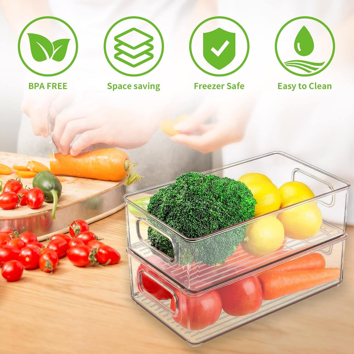 BPA free, freezer safe and easy to clean, shown with fresh vegetables