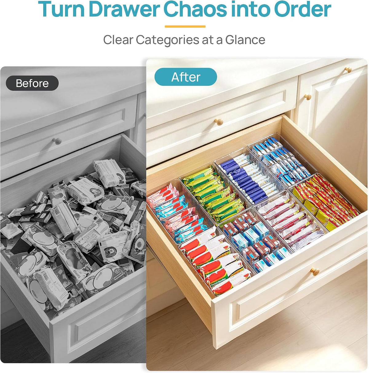 A jumbled drawer before, and the same drawer sorted into bins after