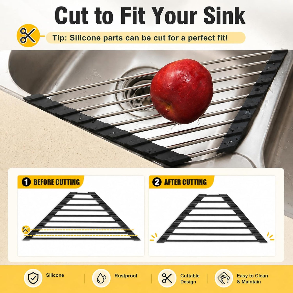 The silicone bars can be cut with scissors to fit your own sink