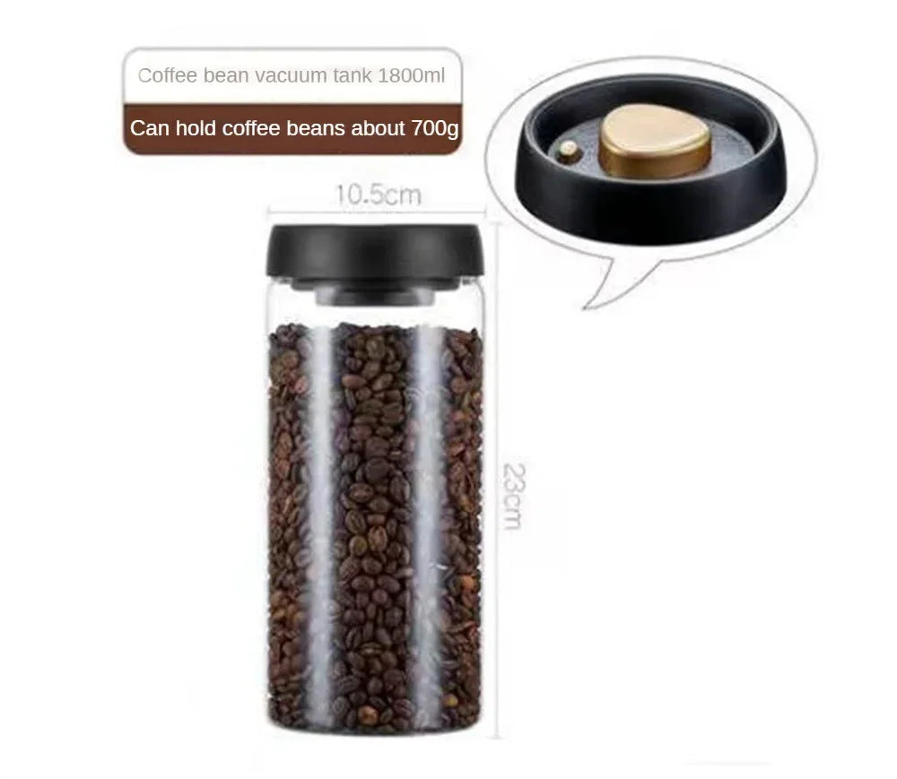 Size diagram for the 1800ml vacuum coffee canister: 10.5cm across, 23cm tall, holding about 700g of beans.