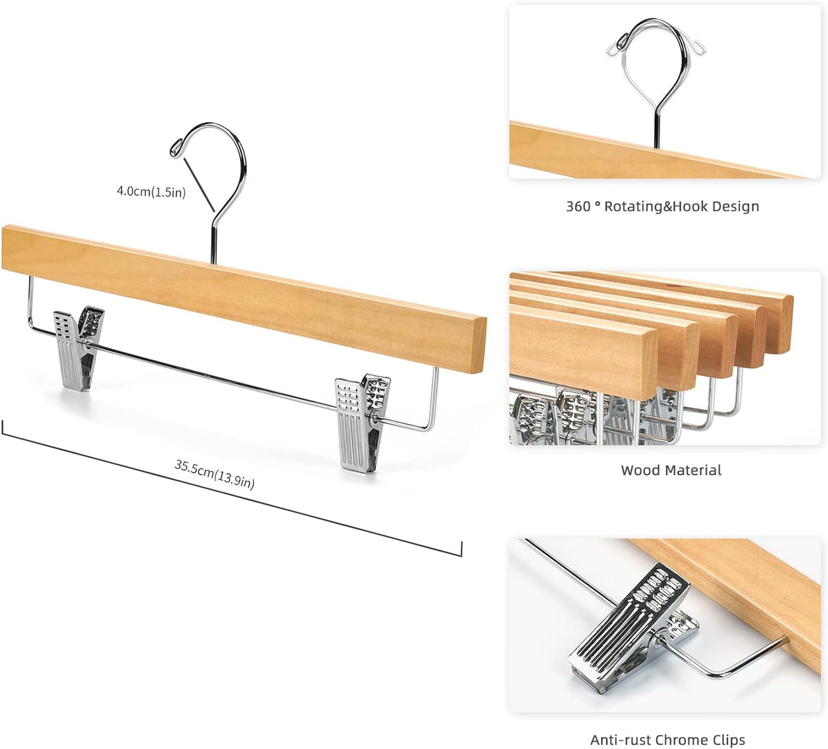 Wooden Trouser Hangers with Clips, 10 Pack — view 2