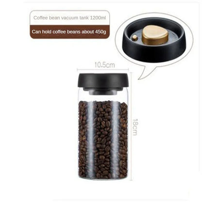 Size diagram for the 1200ml vacuum coffee canister: 10.5cm across, 18cm tall, holding about 450g of beans.
