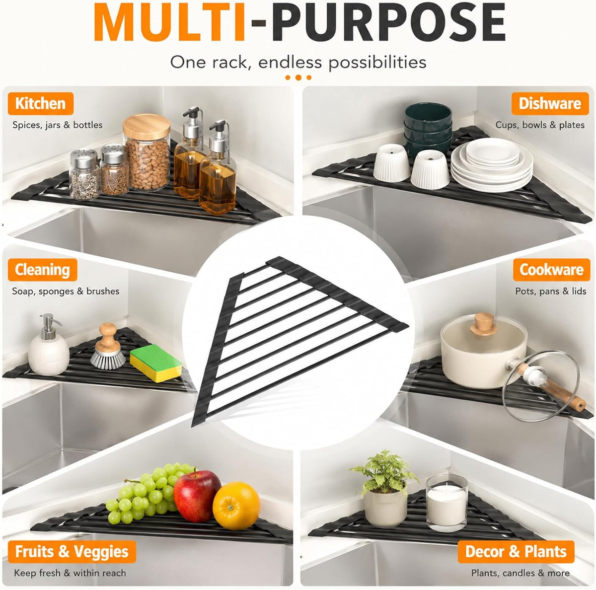 Used for spices, cups, sponges, fruit and cookware