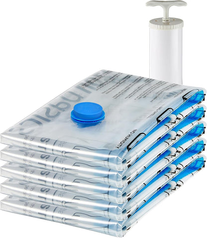 Five clear vacuum storage bags with the hand pump laid beside them