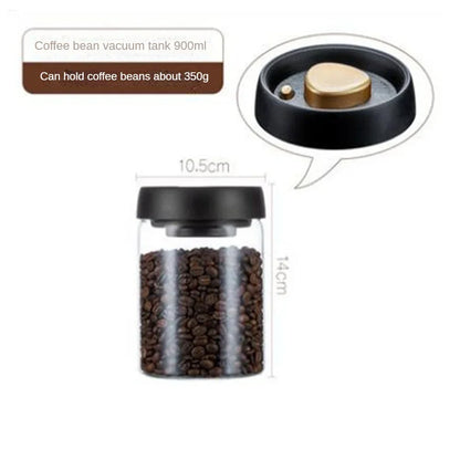 Size diagram for the 900ml vacuum coffee canister: 10.5cm across, 14cm tall, holding about 350g of beans.