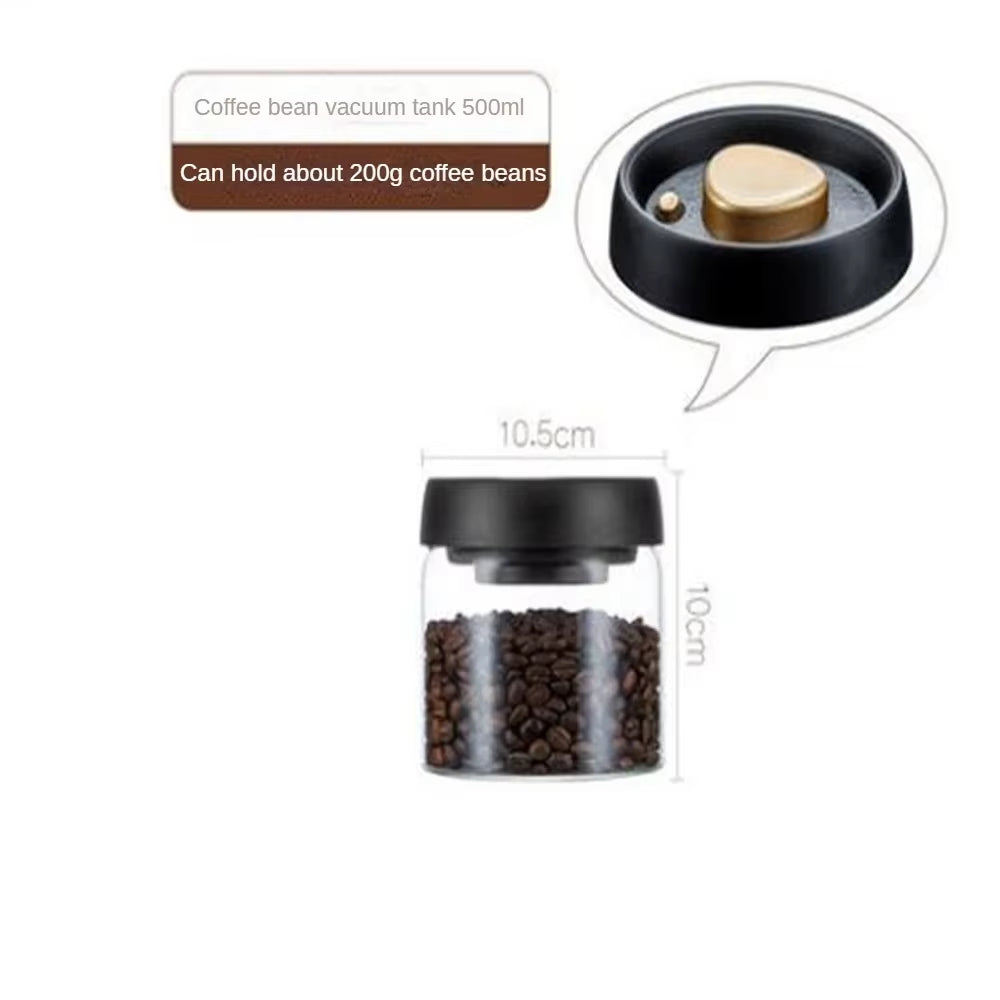 Size diagram for the 500ml vacuum coffee canister: 10.5cm across, 10cm tall, holding about 200g of beans.