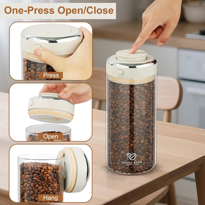 The press-button lid opening and closing, and the canister hanging by its lid