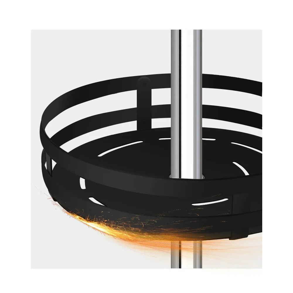 Close-up of the open steel tier and the central height-adjustable pole
