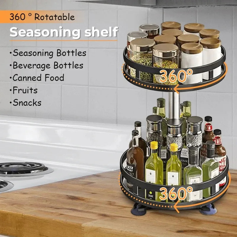 The rack turning a full 360 degrees, with tiers that slide up and down the pole