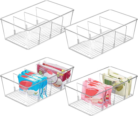 Four clear divided bins, two empty and two filled with packets