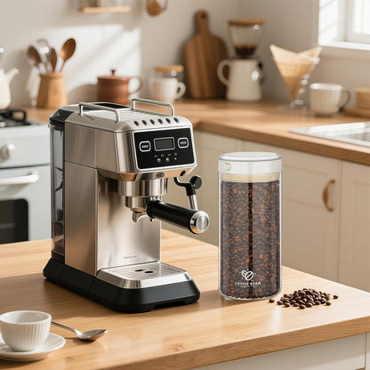 Airtight coffee canister full of beans on a wooden worktop beside an espresso machine