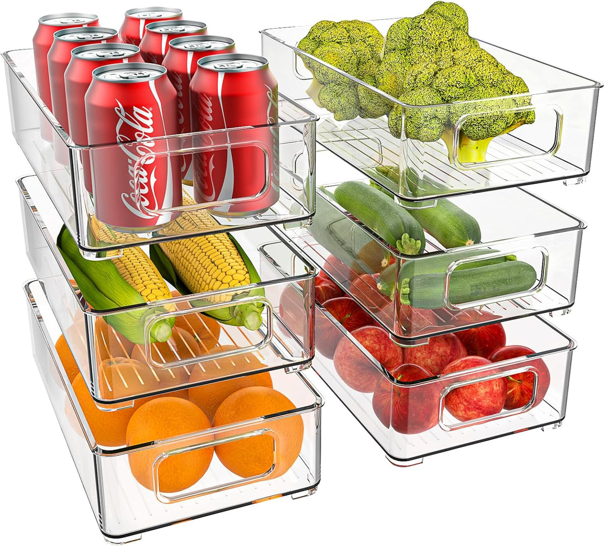 Six clear stackable fridge boxes in three sizes, holding cans, broccoli, corn, courgettes, oranges and apples