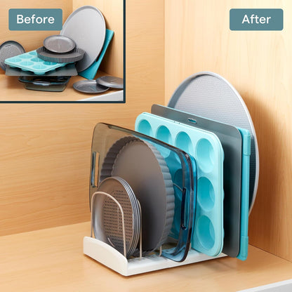 A cupboard of stacked trays before, and the same trays racked on edge after