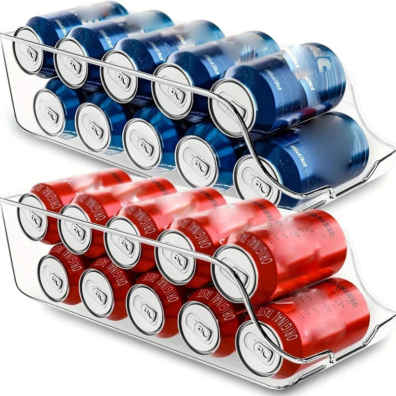 Two clear can dispensers in a fridge, each holding a row of drinks cans