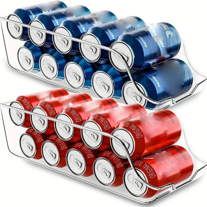 Two clear can dispensers in a fridge, each holding a row of drinks cans