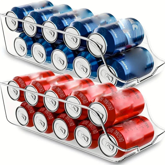 Two clear can dispensers in a fridge, each holding a row of drinks cans