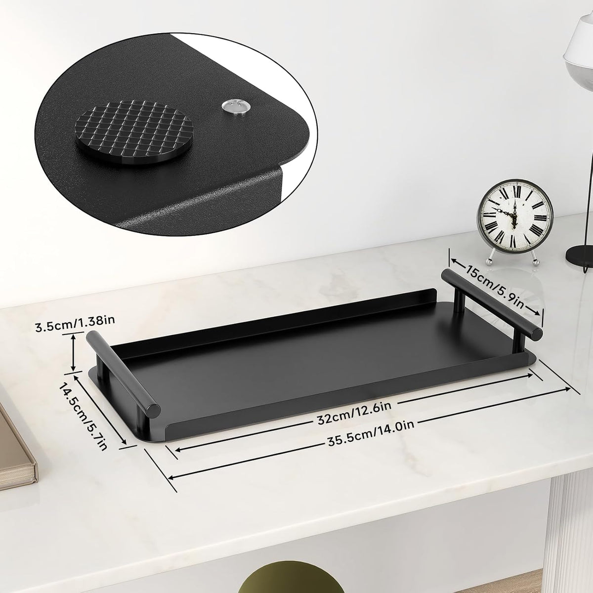 The tray on a bath edge with bottles and a folded cloth