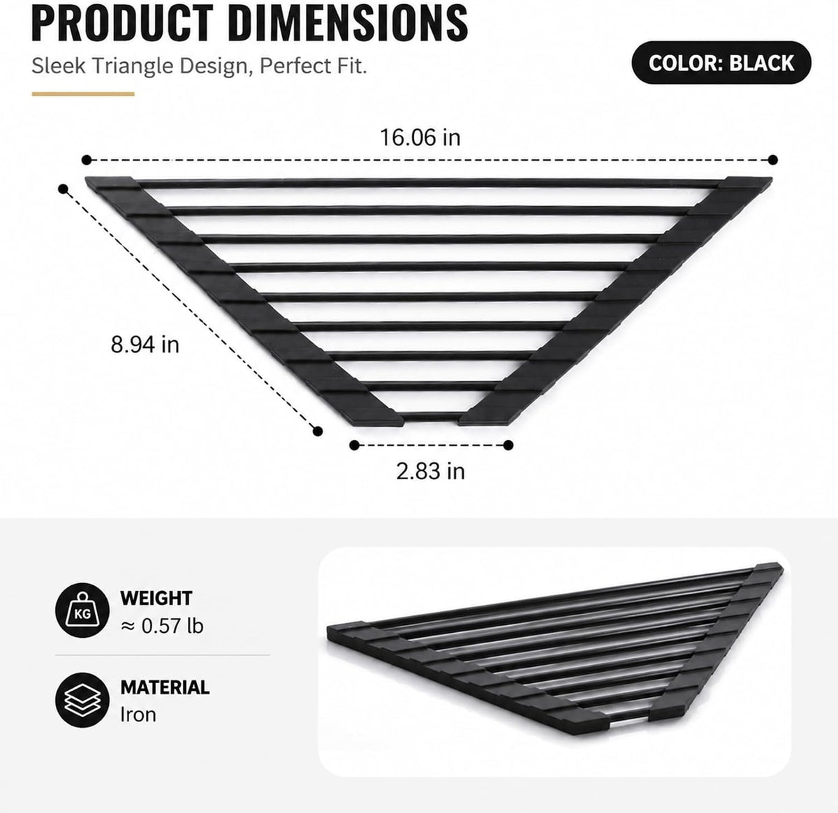 Dimensions: 41cm long edge, 23cm deep, 7cm short edge, about 260g