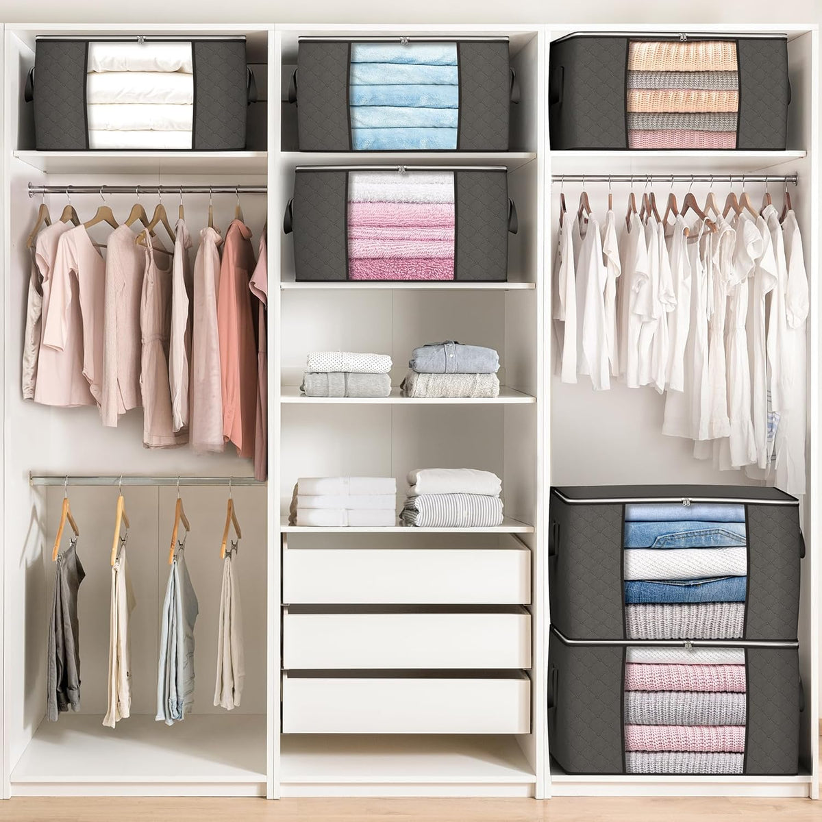 Filled bags stacked on top of a wardrobe