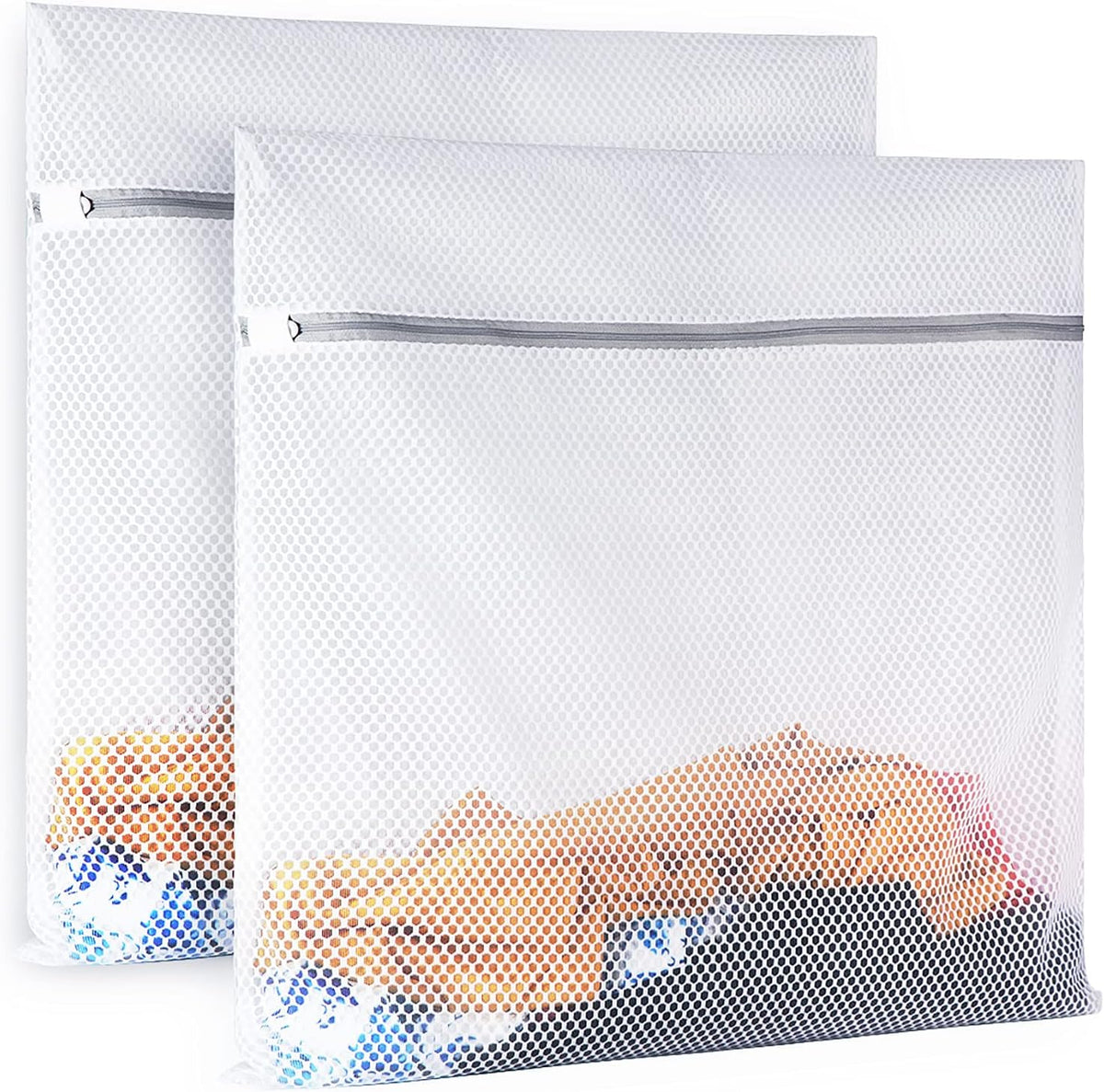 Two extra-large honeycomb mesh laundry bags laid flat, 61cm square