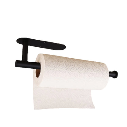 The large matt black roll holder on a plain white background with a kitchen roll fitted.