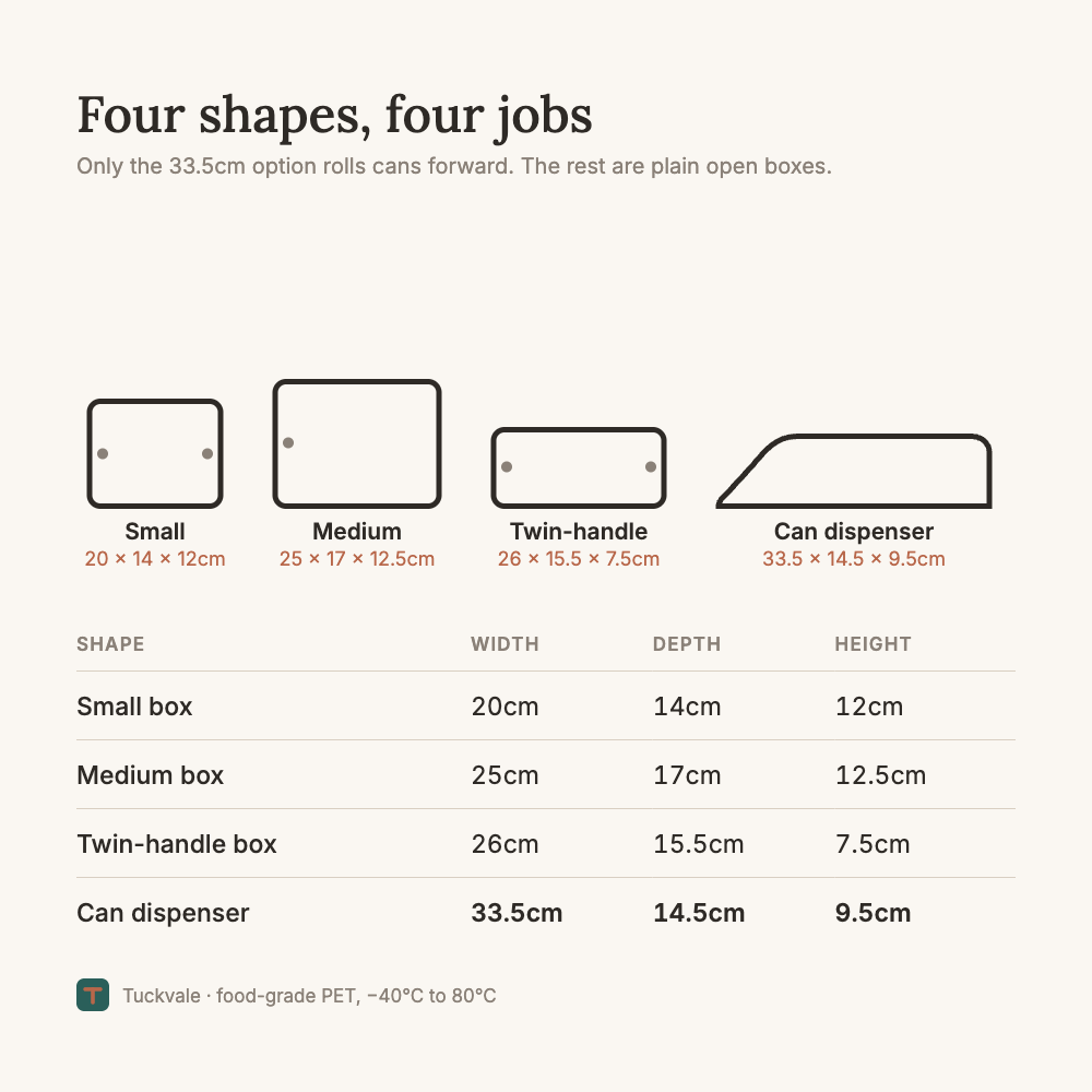 Tuckvale size guide for all four shapes, from the 20cm small box to the 33.5cm can dispenser