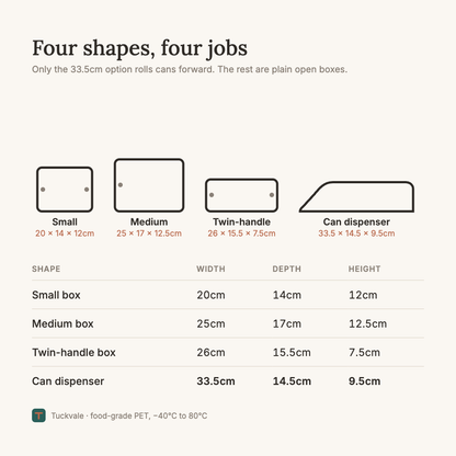 Tuckvale size guide for all four shapes, from the 20cm small box to the 33.5cm can dispenser