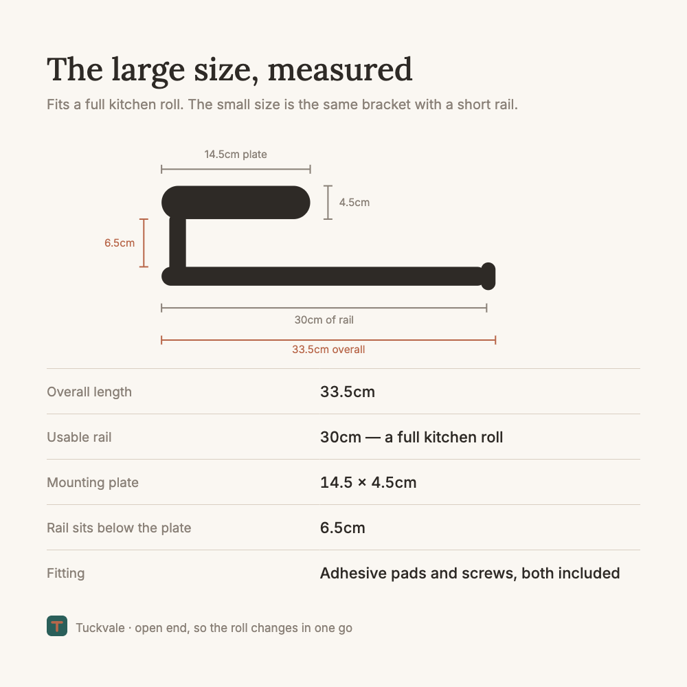 Dimensions of the large roll holder: 33.5cm overall, 30cm of usable rail, 14.5 by 4.5cm mounting plate, rail sitting 6.5cm below the plate.