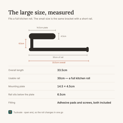 Dimensions of the large roll holder: 33.5cm overall, 30cm of usable rail, 14.5 by 4.5cm mounting plate, rail sitting 6.5cm below the plate.
