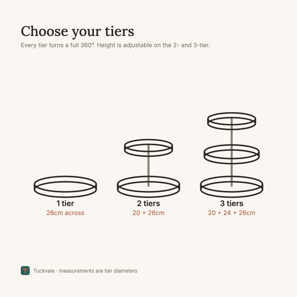 Tuckvale size guide: 1 tier 26cm, 2 tiers 20 and 26cm, 3 tiers 20, 24 and 26cm across